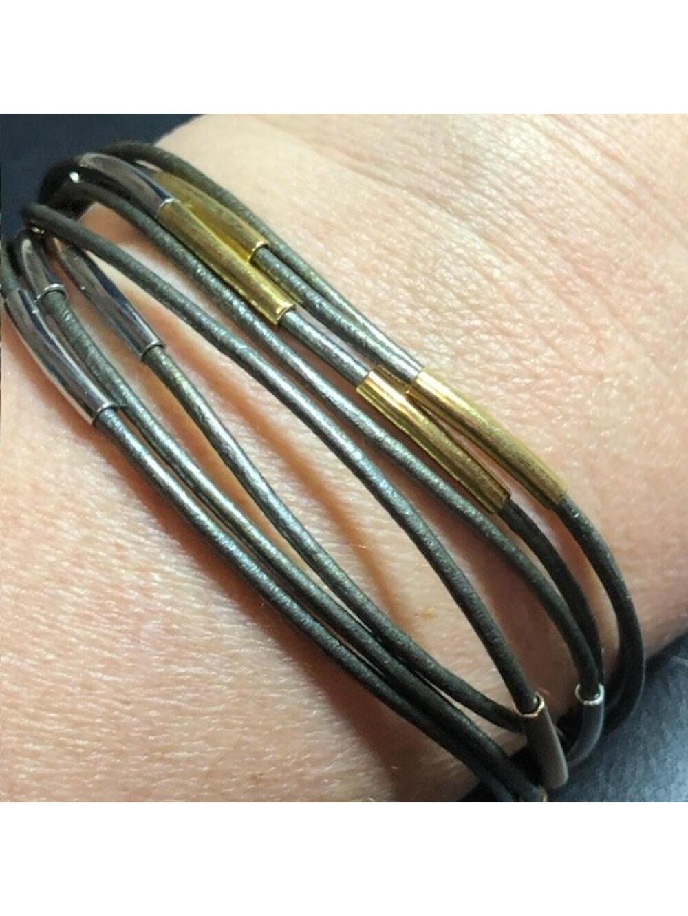 B3542 Fossil Multi-strand Wrap Bracelet Leather Cord Mixed Metal Tube Beads 7"